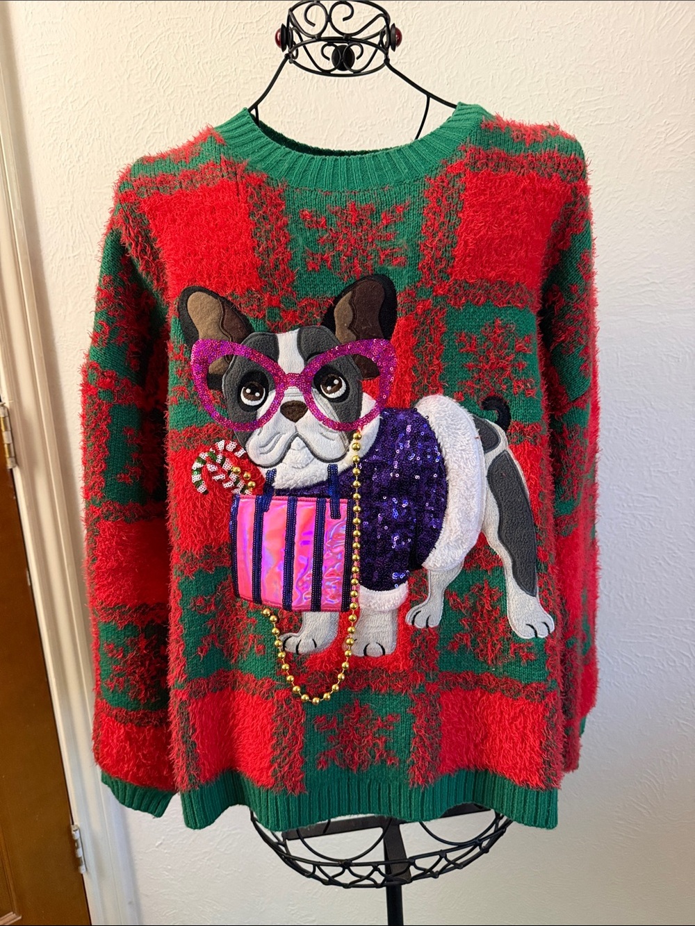 Festive Red & Green Women’s Holiday Sweater with Sequin Dog Motif